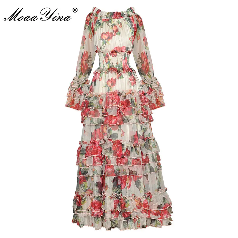 

MoaaYina модное подиумное платье осеннее женское платье с расклешенными рукавами каскадные оборки с цветочным принтом богемные элегантные платья для отдыха