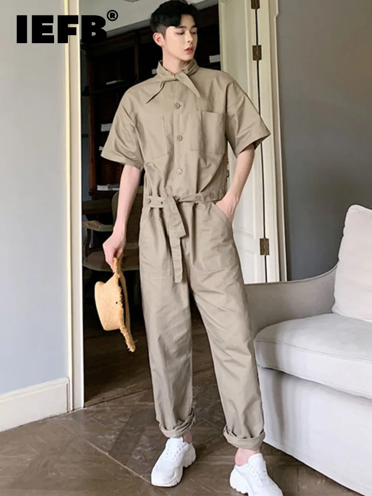 

IEFB Hip-hop Style Extended Collar Waist Design Belt Decoration Men's Casual Jumpsuit 2022 New Loose Simple Funky Pants 9A1761