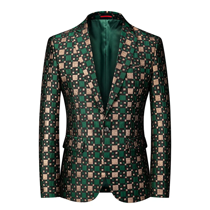 2022 New Slim Business Blazer Men Lattice Stage Casual Suit Coats Silver Burgundy Green Mens Groom Wedding Suit Lattice Blazer