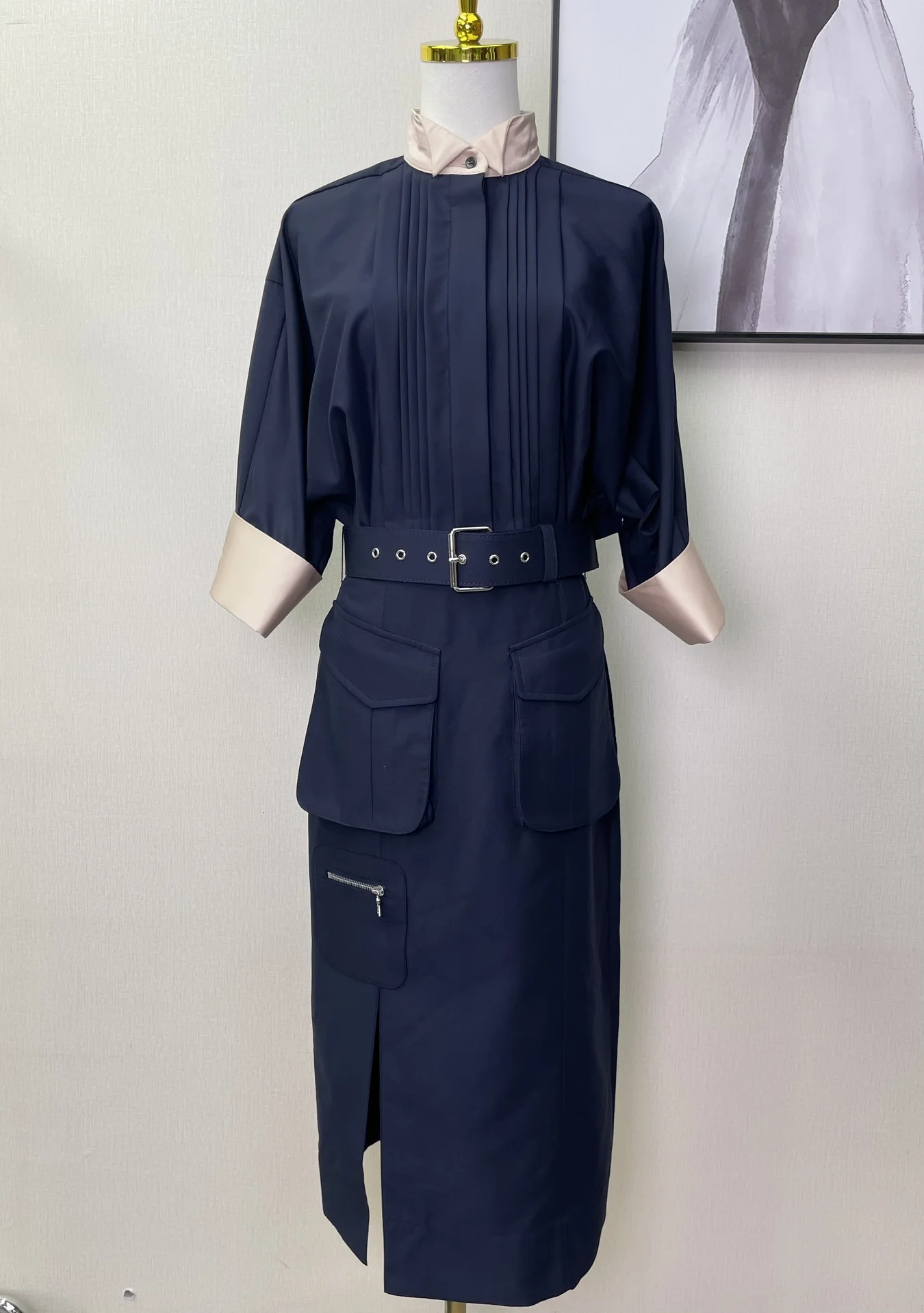 

2023 Spring/Summer turn dowm collar paux Contrasting colors Double Side Pockets with Belt Waist Split Dress woman dress