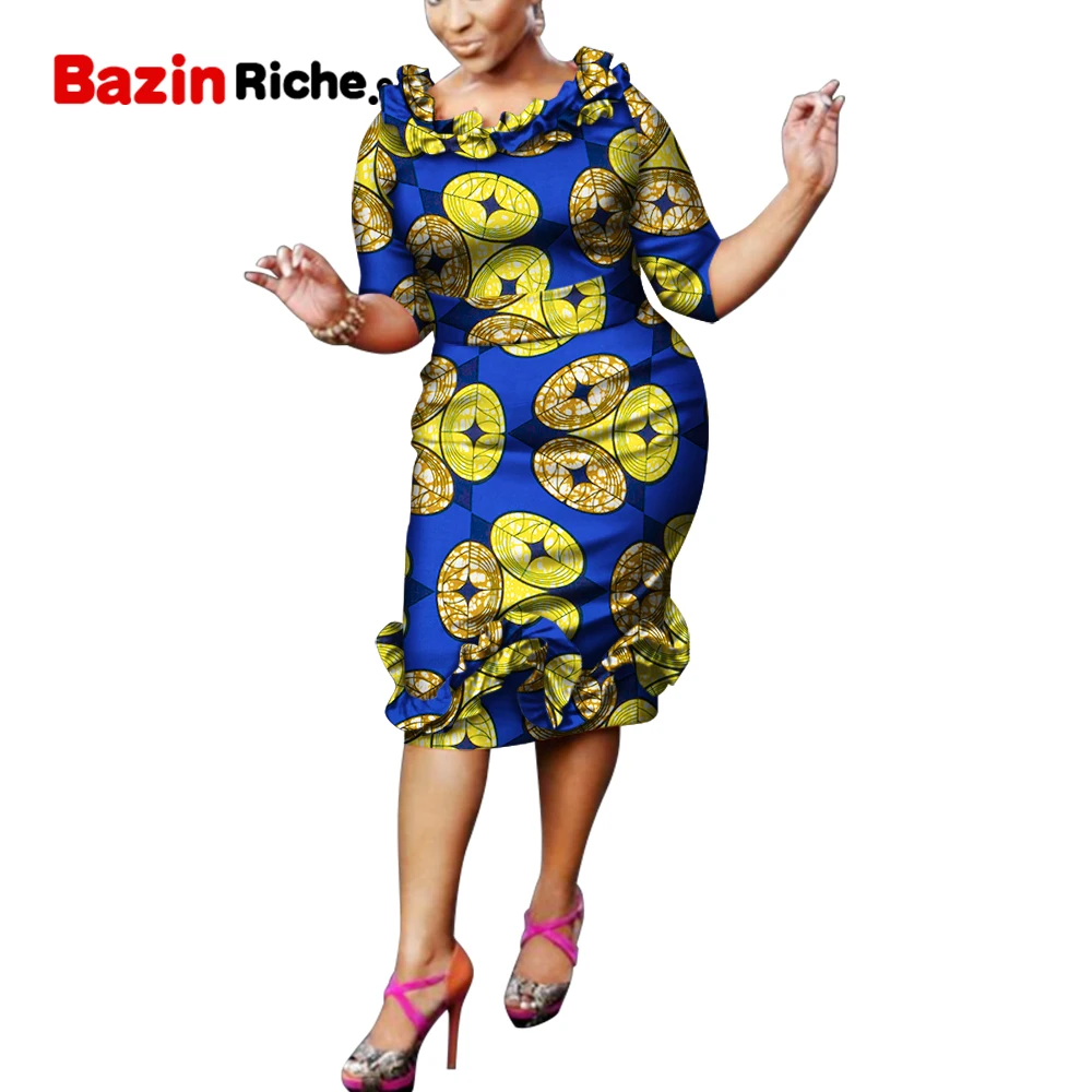 African Clothes for Women Cover Knee with Zipper Plus Size Dress 3/4 Sleeve  Bodycon Party Elegant Clothing WY8064