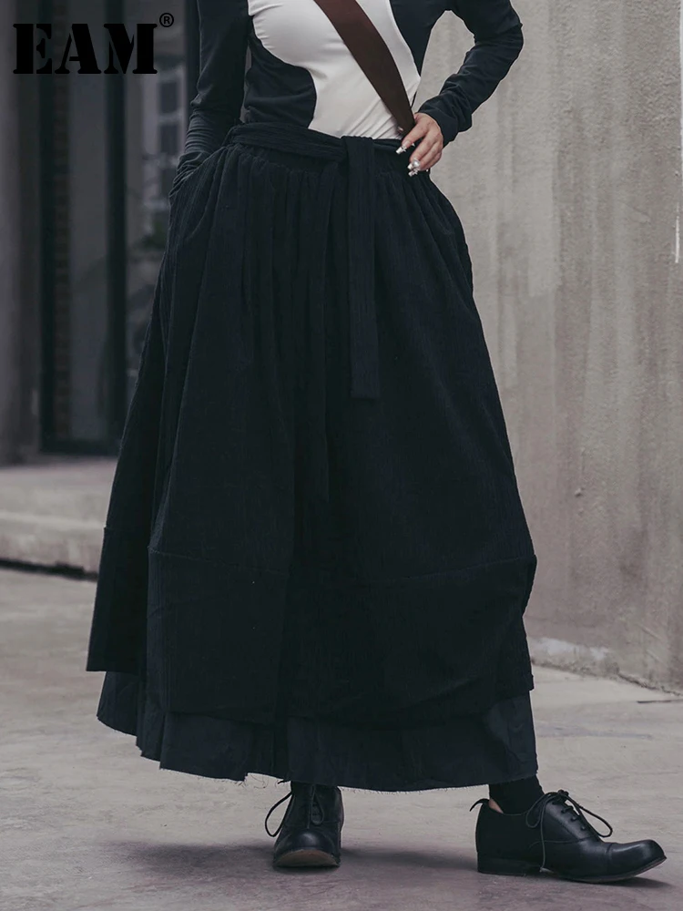 

[EAM] высокая эластичная талия Вельветовая черная длинная винтажная Толстая юбка средней длины женская модная новинка весна осень 2022 1DF2662