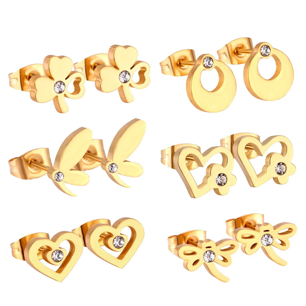 

Stainless Steel Push Back 6pairs/Box Earring Set Love Heart Dragonfly Trefoil Earrings For Baby Girl Women Jewelry Gifts