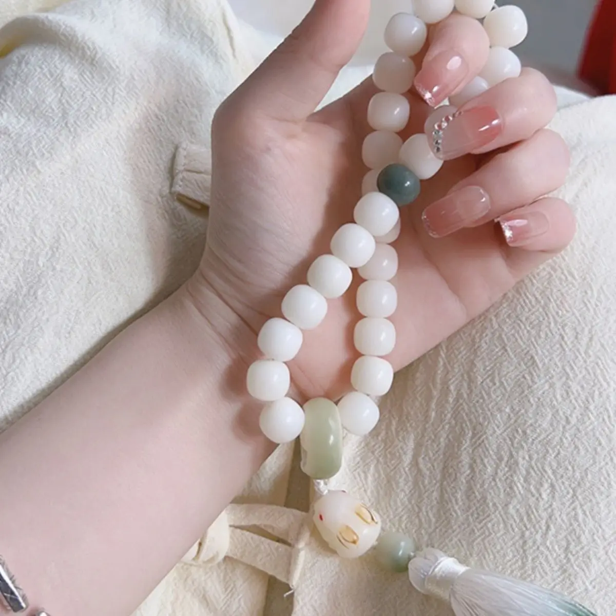 

SNQP White Jade Bodhi Bracelet Small Chinese Style Car Gear Hanging Accessories Multi Circle Handmade DIY Beads Handheld
