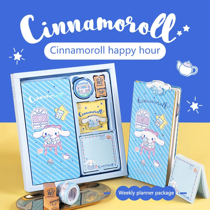 Sanrio Cinnamoroll Series Weekly Plan Kawaii Anime Plan Book Sticky Notes Acrylic Clip and Paper Tape Wooden Stamp Set Girl Gift