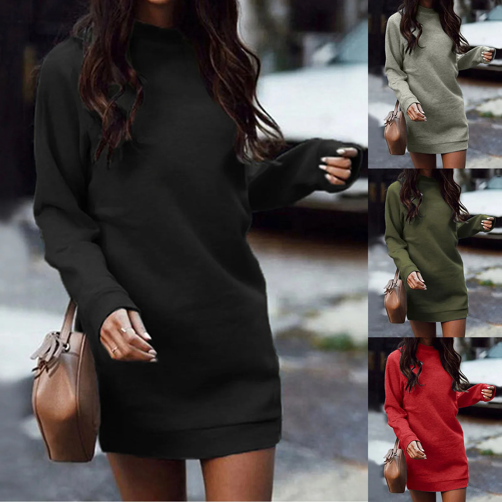 

2022 Autumn Spring O Neck Long Sleeve Women Sweatshirt Dress Solid Loose Pocket Ladies Mini Dress Vestidos Vestido Robe