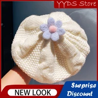 girls beret pastoral flower knitted hat childrens painter hat twisted flower knitted wool newsboy hat high elastic bud hat