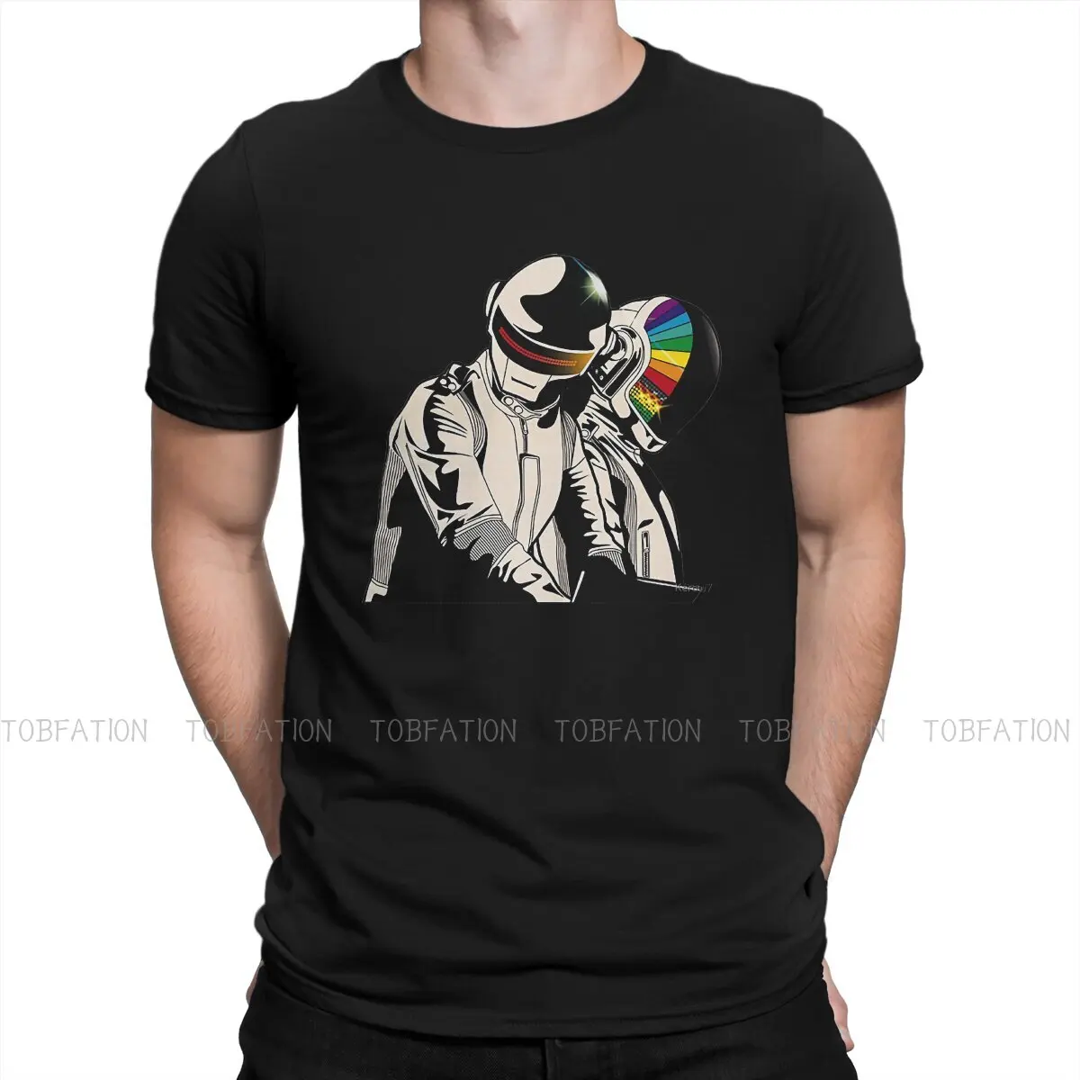 Retro Helmet Rock Black Hipster TShirts Daft Punk Men Harajuku Fabric Streetwear T Shirt Round Neck Oversized