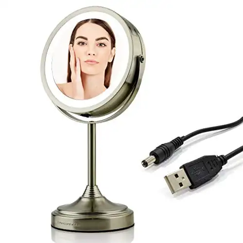 

LED Lighted Tabletop Cosmetic Mirror, 7 Inch, -Sided 1x/7x Magnification, Rechargeable & Wireless, Nickel Brushed (MCTR70BR1X7X)