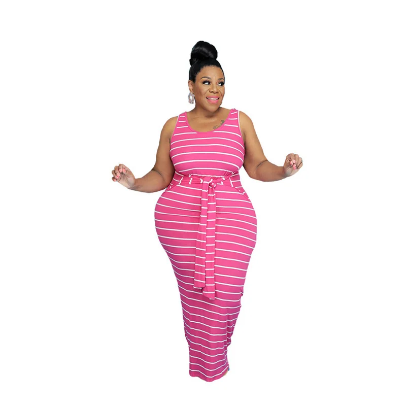 

Plus Size Clothing Striped Dess Summer Women 2021 Wholesale Vest Elegant Casual Full Length Stretch Maxi Dresses Dropshipping