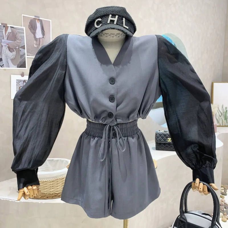 

Niche Design New Women 2022 Summer Puff Sleeve Stitching Lace Up Blazers V-neck Top High Waist Wide Leg Shorts Two Piece Set