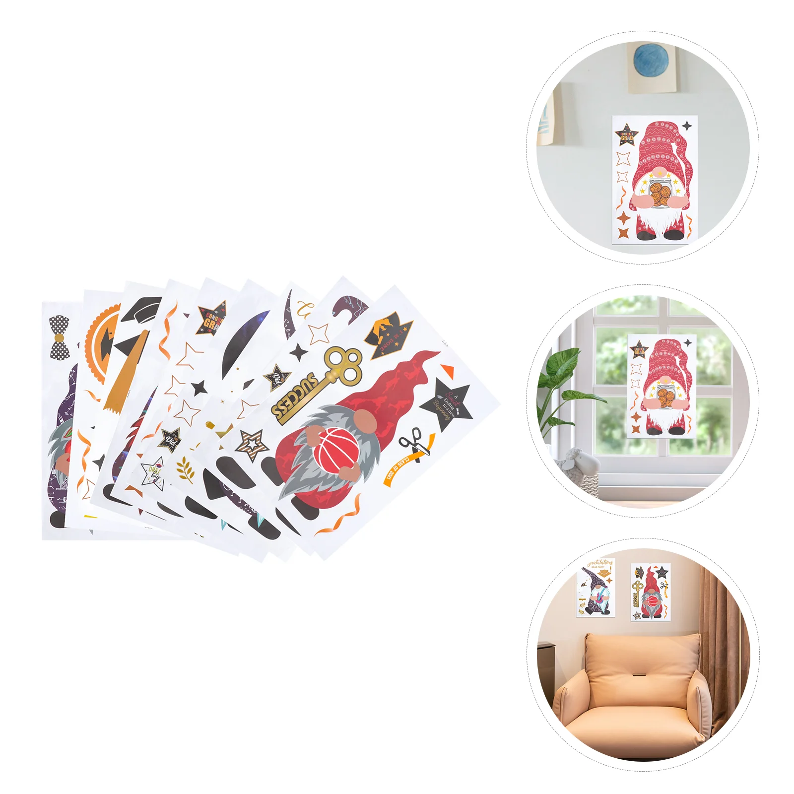 

9Pcs Lovely Graduation Gnome Sticker Unique Showcase Sticker School Glass Sticker