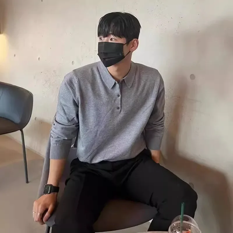 Винтажная однотонная рубашка-поло с длинным рукавом свитер для мужчин осенний