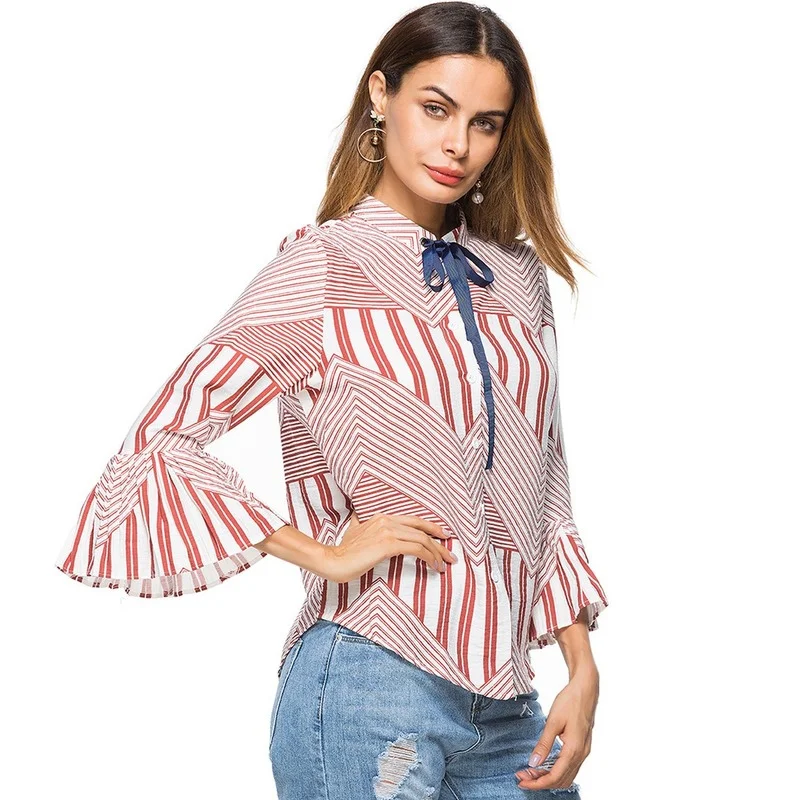 

Women Shirt Tops Spring Autumn Fashion Slim Striped Cardigan Single Breasted Blouse Women Casual Flare Sleeve Bow Collar Shirt