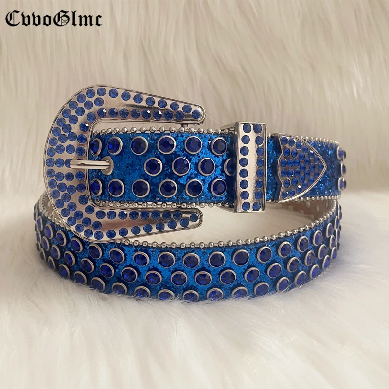 

Ремни в стиле панк с голубыми западными бриллиантами, роскошные ремни для женщин и мужчин, декоративные ковбойские ремни для женщин