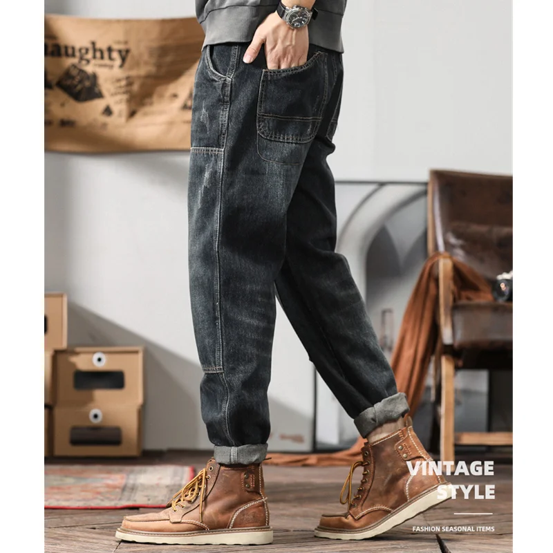 Men Clothing New Pattern Recreational Vintage Bluish Grey Jeans Splicing Straight Cylinder Loose Street Trousers Autumn Female