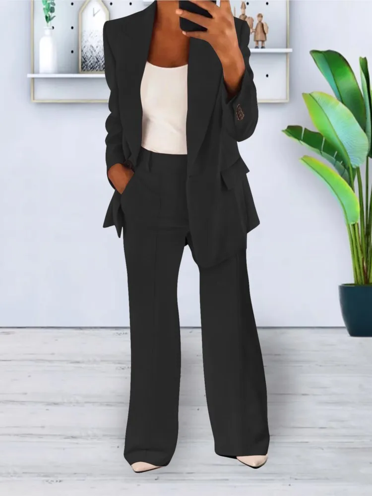 Autumn Winter Fashion Lapel Suit Coat 2pc Sets 2025 Office Lady Elegant V-Neck Jacket Full Sleeve Pocket Streetwear Jackets