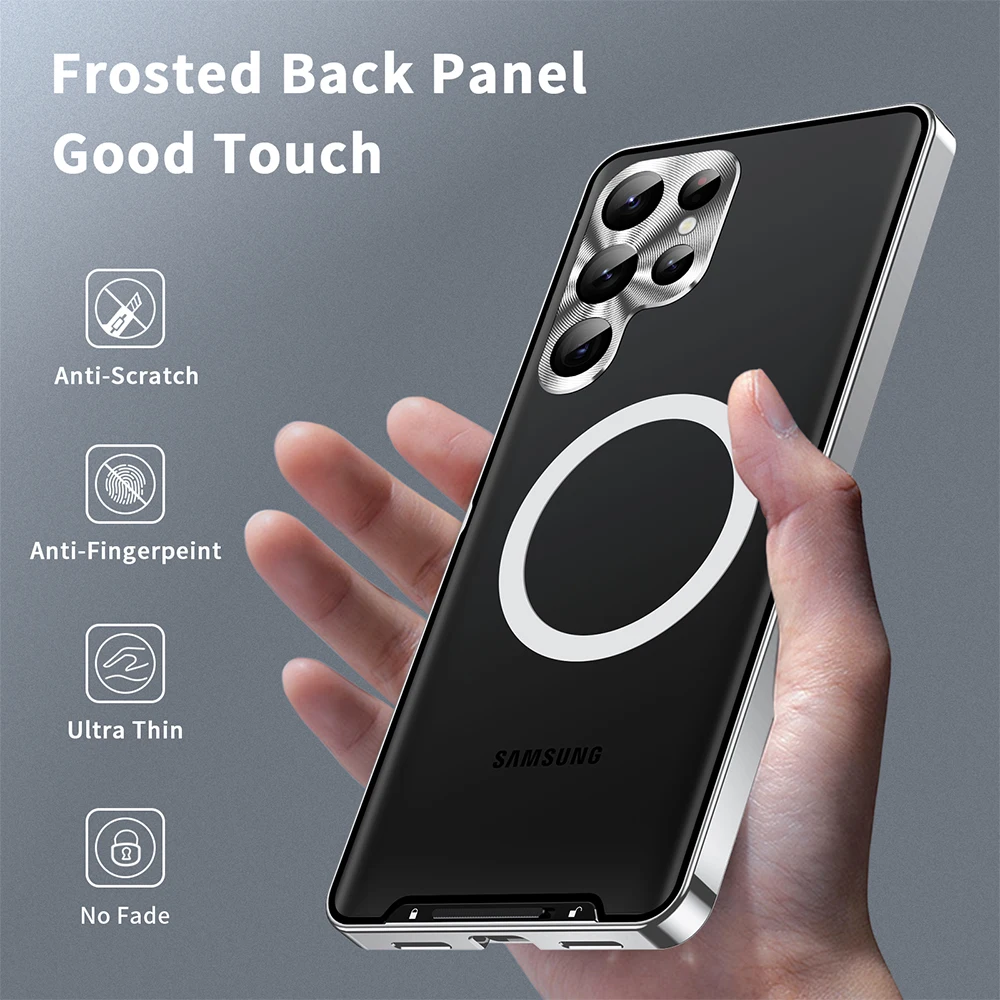 Metal Cover For Galaxy S23 Ultra Case FE S22 Plus Aluminum Frame Translucent Frosted Magnetic Core Back Built-in Lens Protector