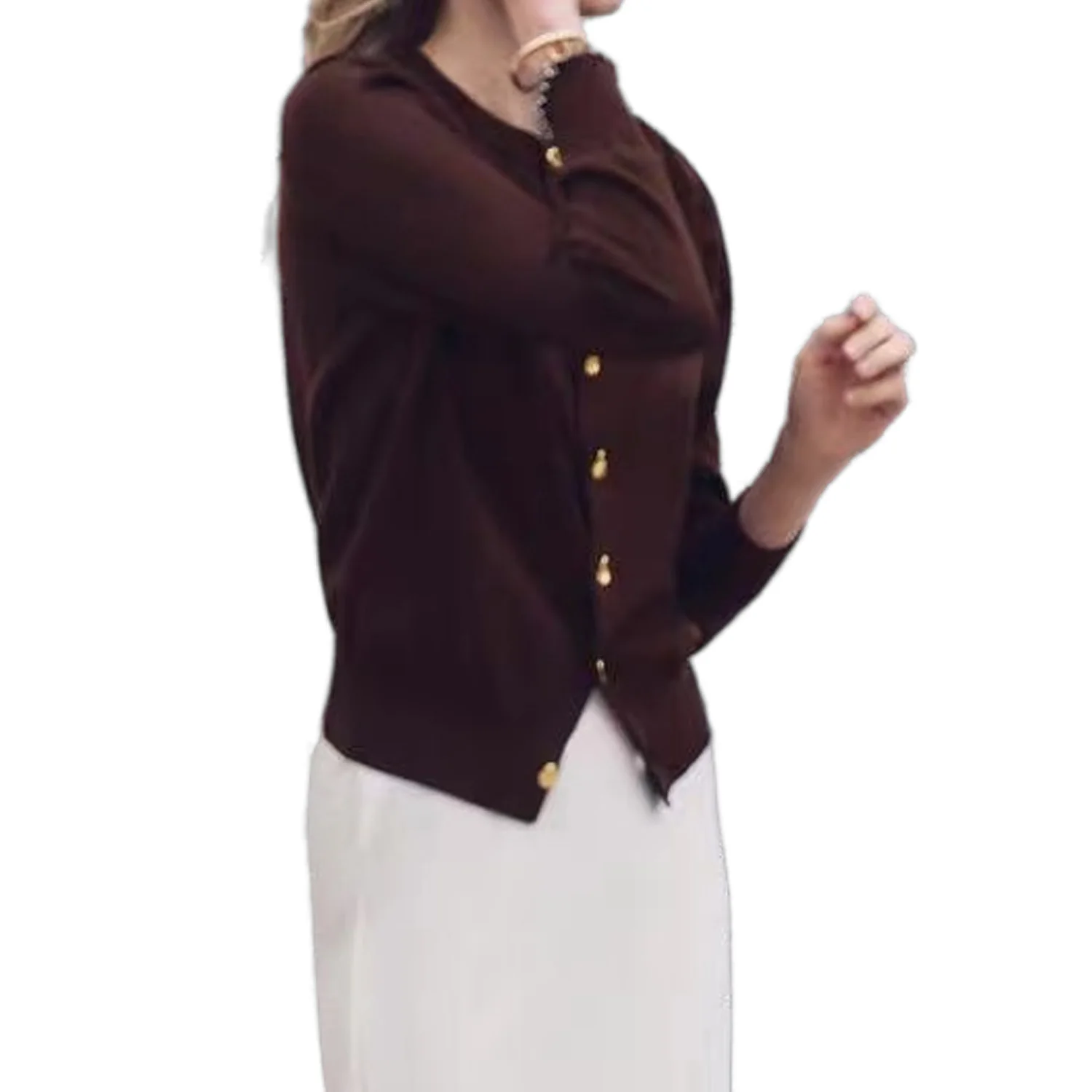 Женский Монохромный Золотой Трикотажный Кардиган С Глубоким V-образным Вырезом