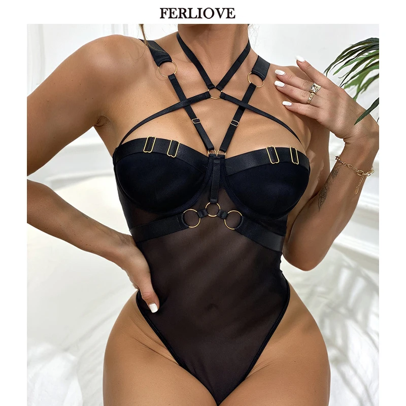 

One Piece Sensual Bodysuit Women Halter Fitness Exotic Costumes Patchwork Skinny Bodysuit Ladies Balck Sexy Thongs Body