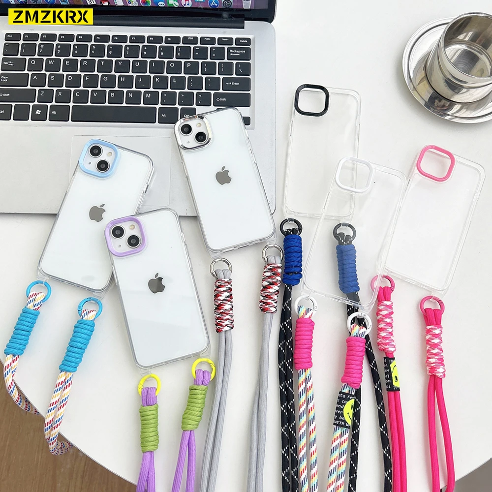 

New Crossbody Necklace Cord Lanyard Transparent Hard Phone Case For iPhone 11 13 12 14 Pro Max 14 Plus Clear Shockproof Cover