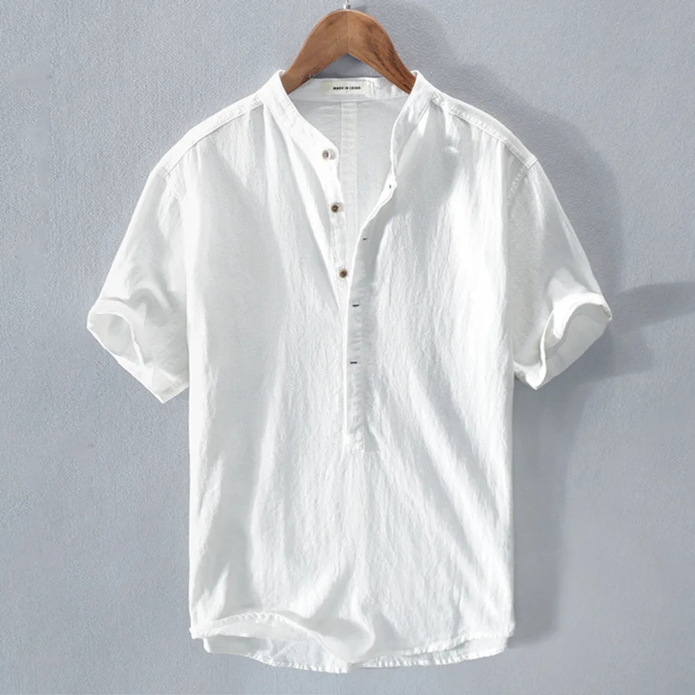 

100% Summer Solid Cotton Style Breathable Beach M-3XL Linen Sale Men's Casual Shirts Hot Short-sleeved Color Summer