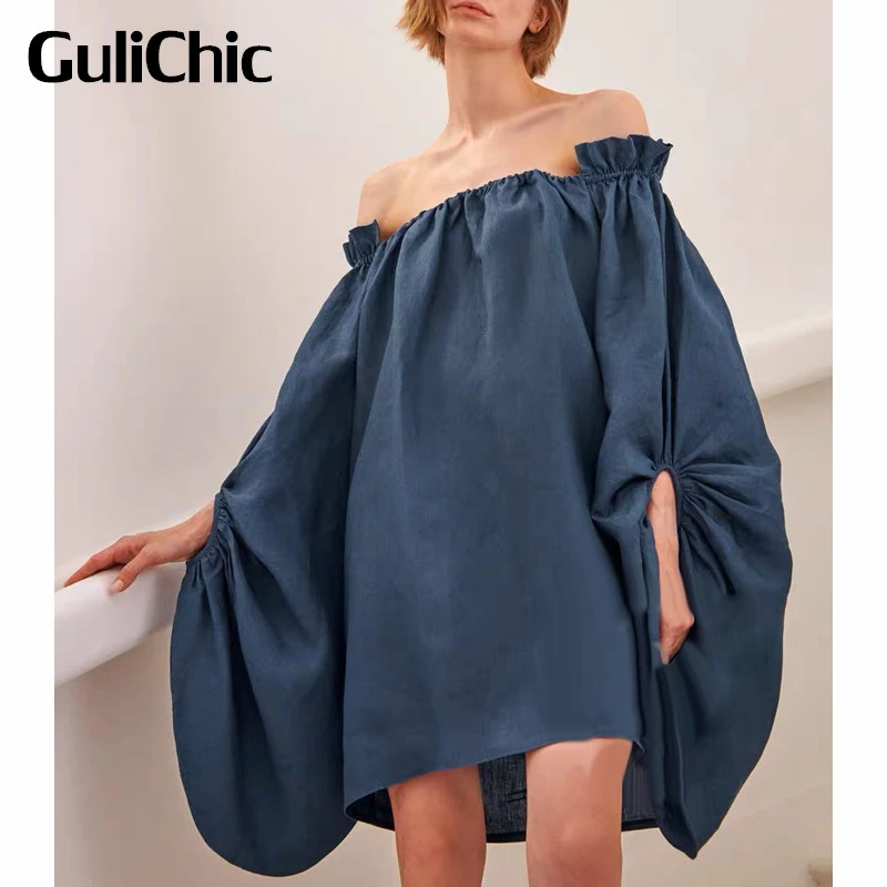 7.6 GuliChic Women Temperament Ruffle Off Shoulder Lantern Sleeve Solid Color Comfortable Linen Short Dress