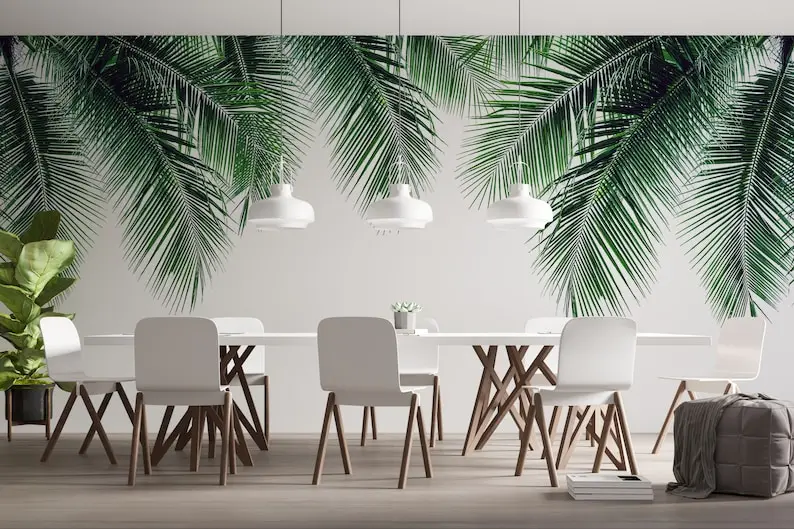 

Modern Design Tropical Customizable Self Adhesive Wall Mural. Peel And Stick Living Room Wallpaper, Big Palm Tree Leaves Removab