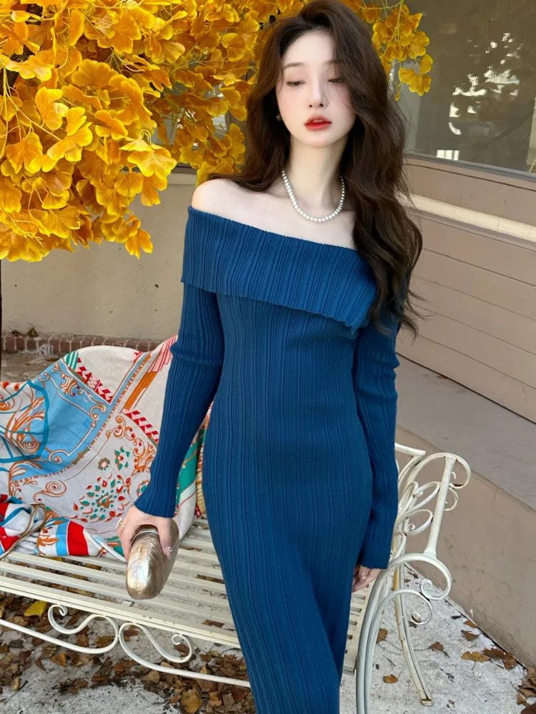 

WOMENGAGA Blue Off Shoulder Long Sleeve Knitted Long Dress Slash Neck Sweater For Women Autumn 2023 New High Waist Slim Hip 4RQZ