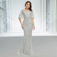 elegant silver sequin evening night dresses for women 2022 v neck mermaid cape sleeves plus size wedding prom formal party gowns