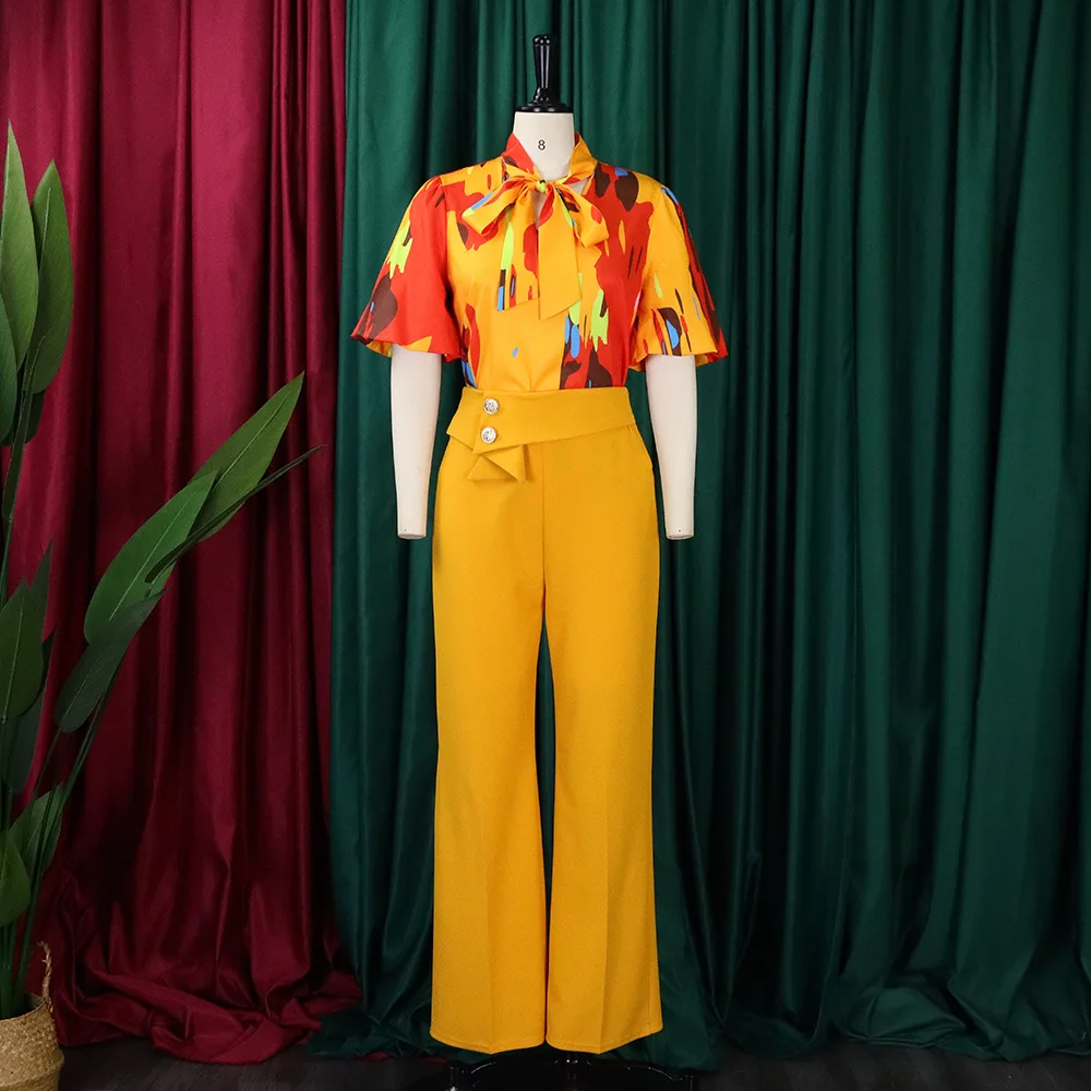 Plus Size Matching Sets Women Print Blouse Shirts Tops And Straight Pants Female Fashion Tracksuits 2023 Summer Two Piece Sets