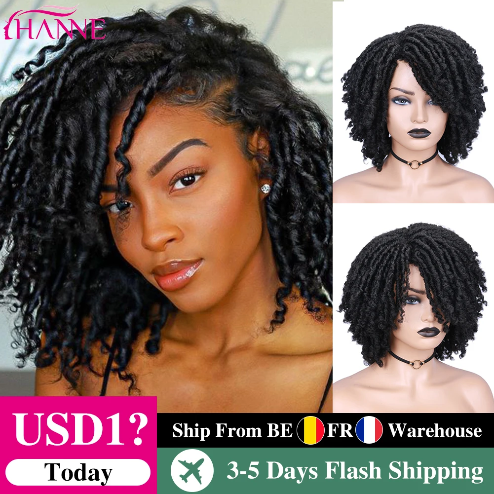 HANNE  Dreadlock Wig Short Twist Wigs Soft Faux Locs High Tempeture Fiber for Black Women and Men Afro Curly Synthetic Wig