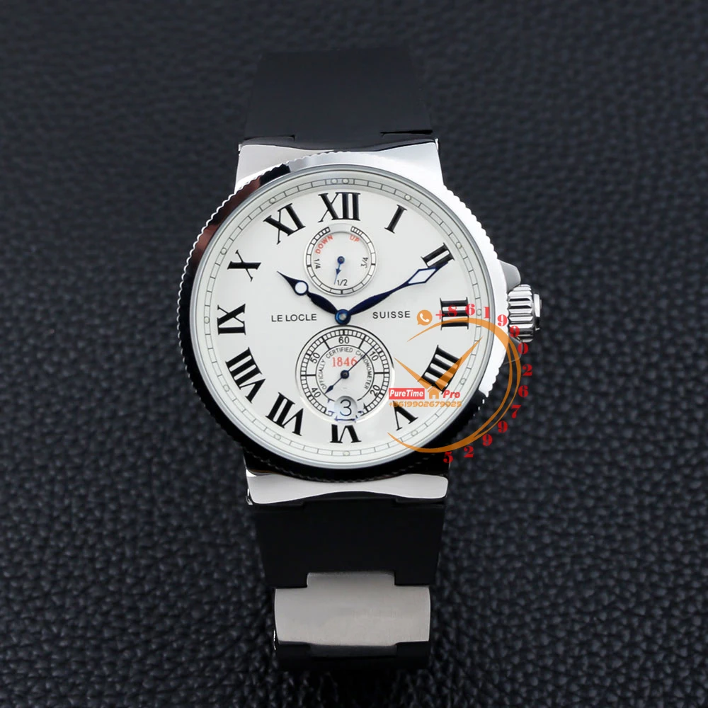 

Marine Power Reserve Automatic Mens Watch Steel Case White RomanDial Black Rubber Strap Super Clone Reloj Hombre Montre Homme