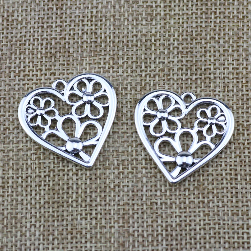 

6pcs/Lot 28x28mm Antique Silver Color Hollow Flower Heart Charms Pendant For Jewelry Making DIY Jewelry Findings