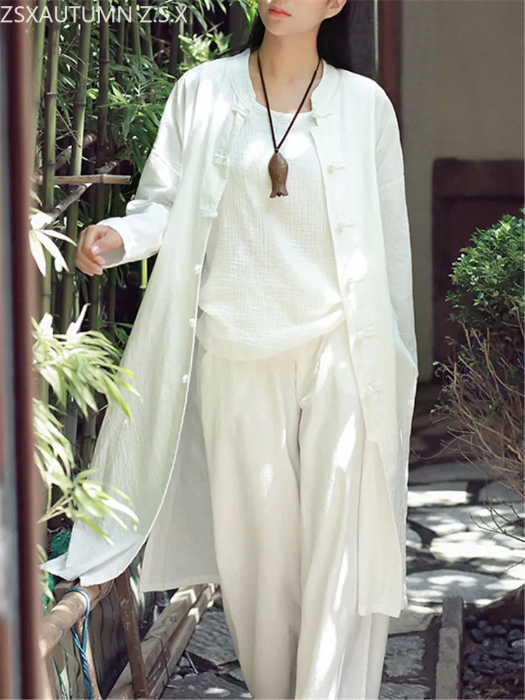 

Женское пальто из хлопка и конопли Pring, однотонное пальто в стиле ретро с воротником-стойкой и длинным рукавом, традиционный костюм