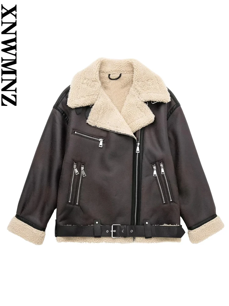 XNWMNZ 2022 Women Fashion Hjgh quality With Belt Thick Warm Faux Fur Jacket Coat Long Sleeve Zipper-up Winter Female Outerwear