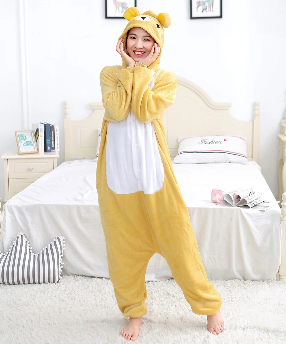 Unisex Cartoon Bear Body Suits Zippered Pajamas Polyester Plush Length To The Ankle Halloween Cosplay Warm Sleepwear For Wnter