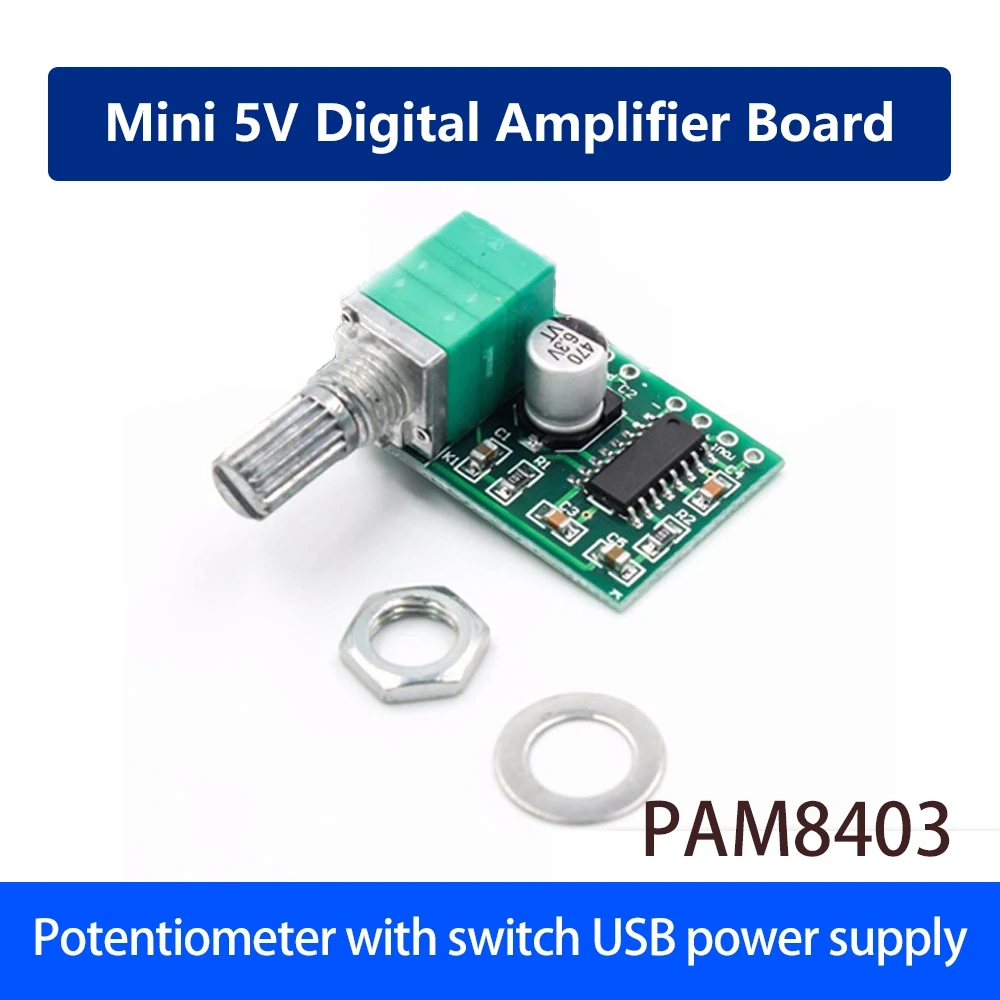 

Mini PAM8403 DC 5V 2 Channel USB Digital Audio Amplifier Board Module 2 * 3W Volume Control with Potentionmeter