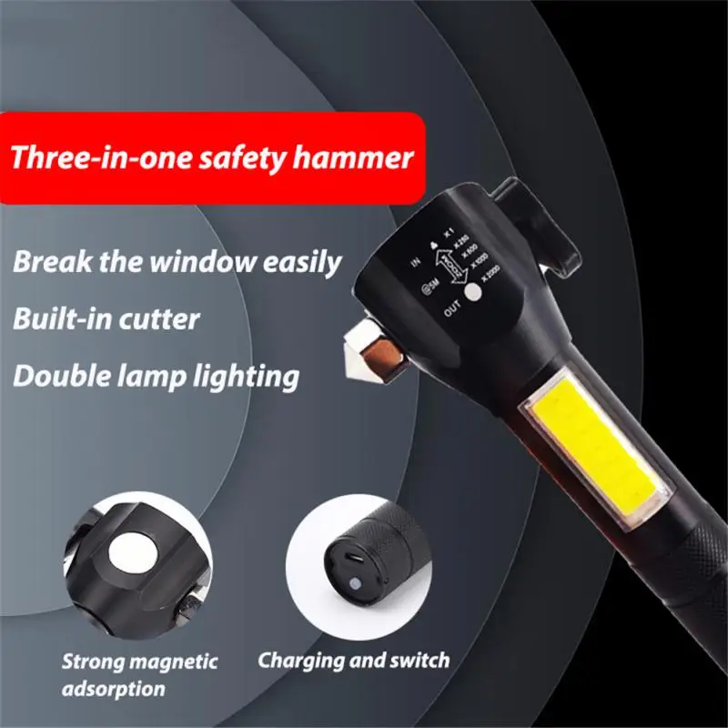 

Zoom Flashlight USB Rechargeable Torches Portable Flashlight Glass Hammer Emergency COB Light driving Camping Light