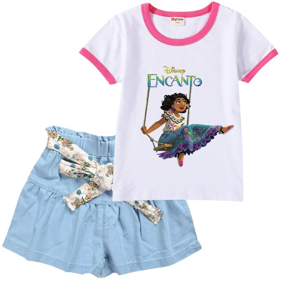 

Disney Hot Girls Clothes Sets Summer Encanto short sleeve top cartoon print skirt 2-piece kids Children's Clothing Suit