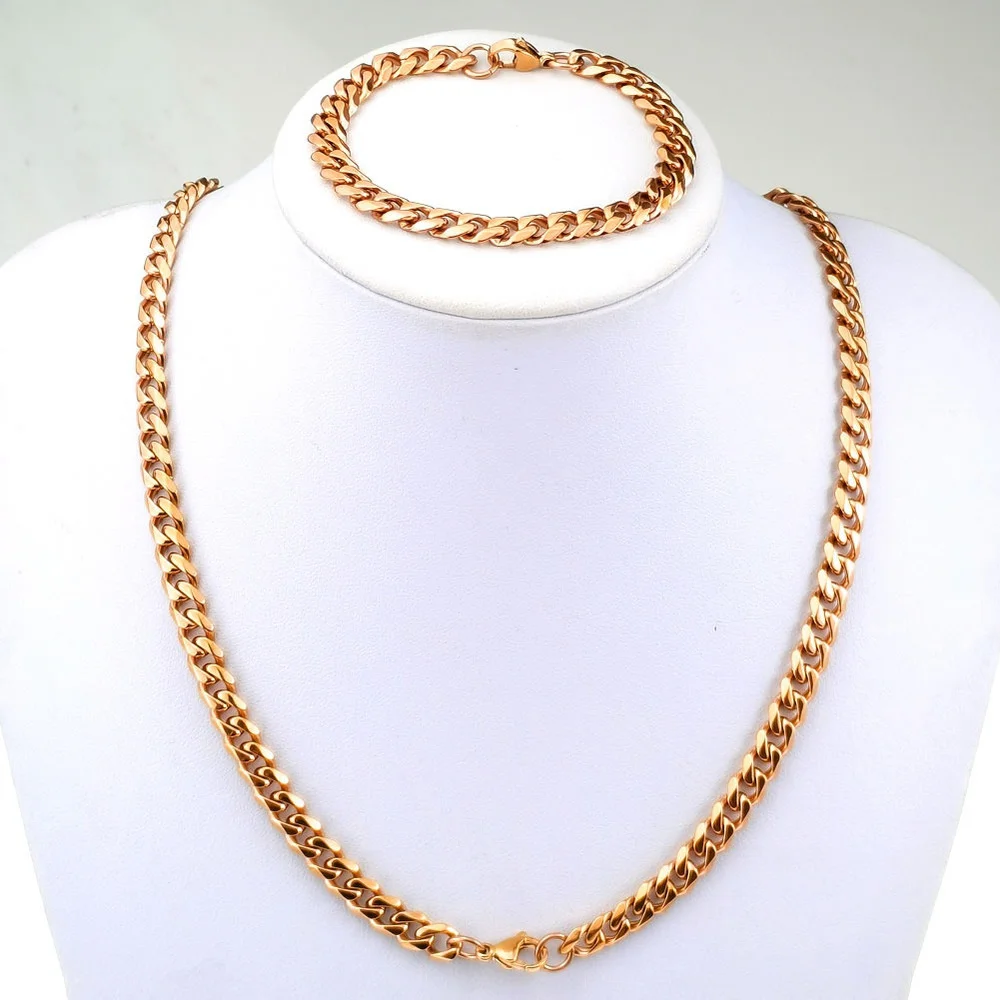 

Rose Gold Tone Stainless Steel Miami Curb Chain Bracelet Set Cuban Link Chain Necklace 5~7mm Width
