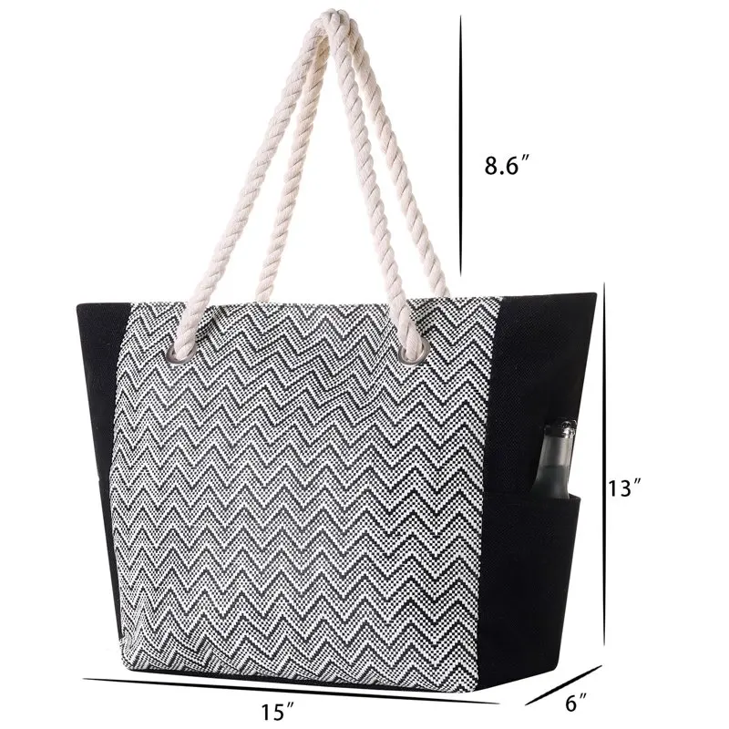 Large Capacity Beach Bags for Women Durable Waterproof Canvas Beach Tote Shoulder Bags Vintage Striped Woven Handbag With Zipper