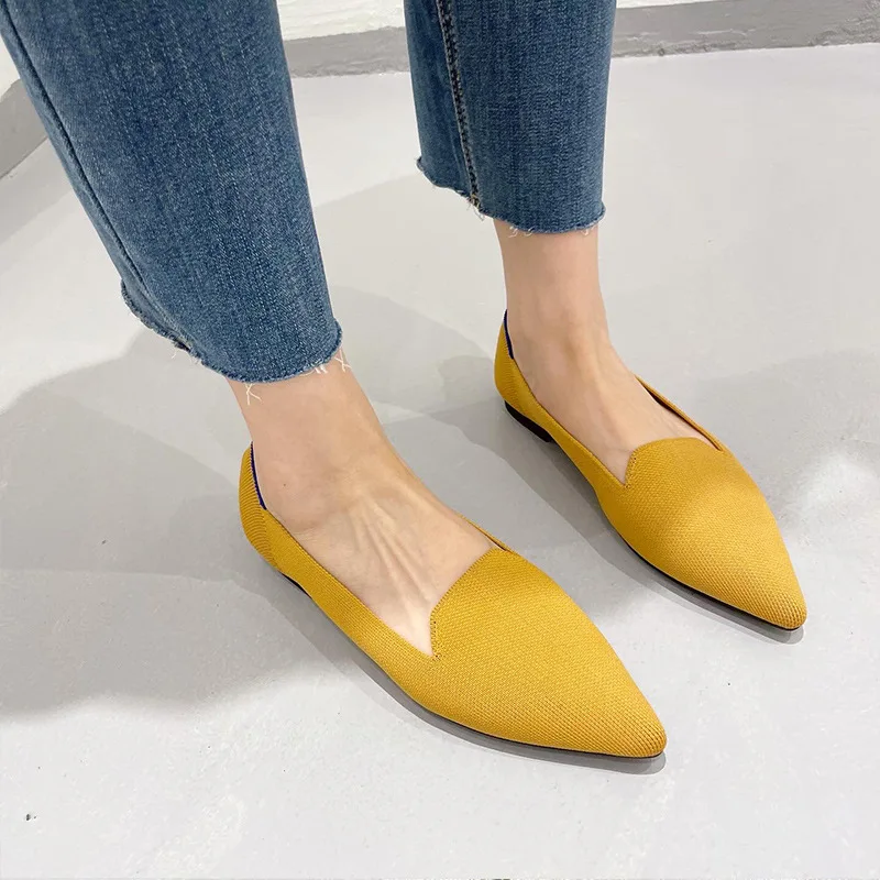 Princess Shoes 2022 New Pointed Women's Flat Shoes Leopard Knitted Shallow Beanie Shoes Breathable Ballet Shoes Zapatos De Mujer