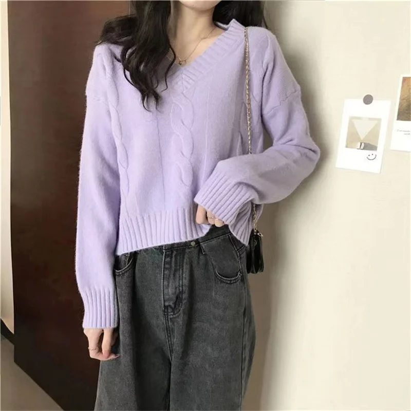 Женский вязаный свитер классический свободный пуловер с V-образным вырезом в