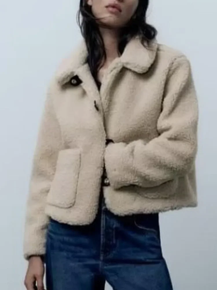 

2023 Women Autumn Fleece Jackets Coats Fashion Solid Pockets Turn-down Collar Female Elegant Street Wram Shirts Jacket Outerwear