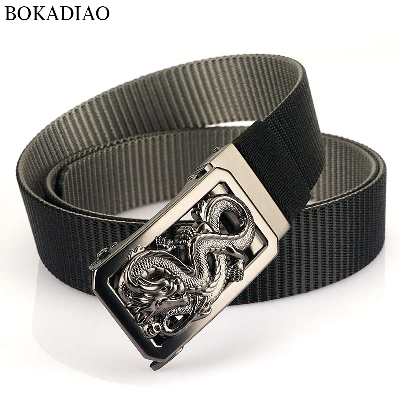BOKADIAO New Man Double-sided Nylon Belt Dragon Rotate Metal Automatic Buckle Canvas Belts for Men Jeans Waistband Bicolor Strap