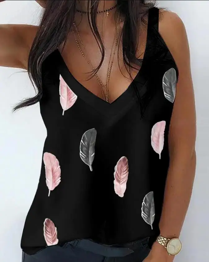 

Women's T-Shirt Elegant Feather Print V-Neck Casual Sleeveless Loose Daily Vacation Tank Top 2022 Summer Fashion