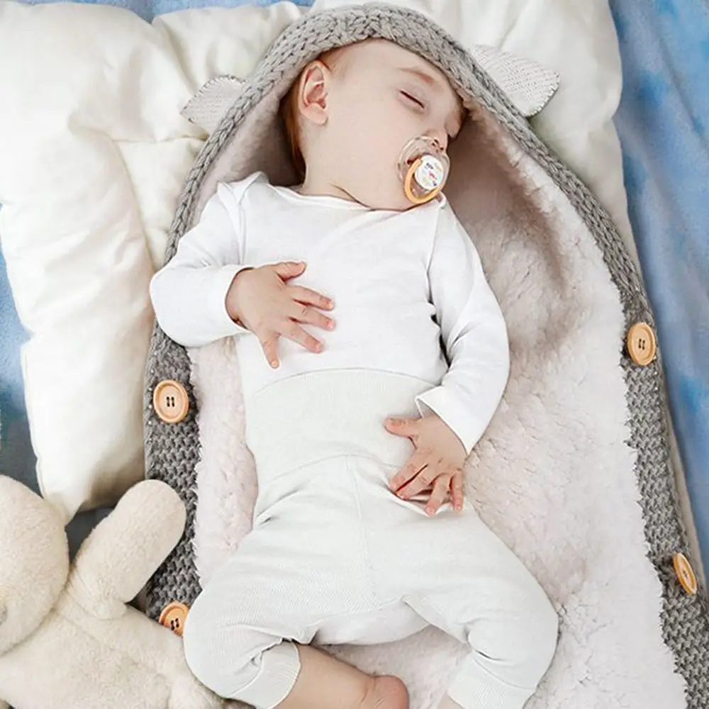 

Newborn Baby Rabbit Ear Swaddle Sleeping Bag Button Knit Swaddle Wrap Hooded Winter Warm Soft Wrap Blanket Swaddling Stroller