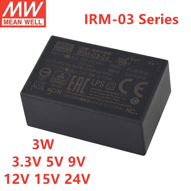 

MEAN WELL PCB SMD Style IRM-03 3W Encapsulated AC-DC Module Type Power Supply 3.3V 5V 9V 12V 15V 24V