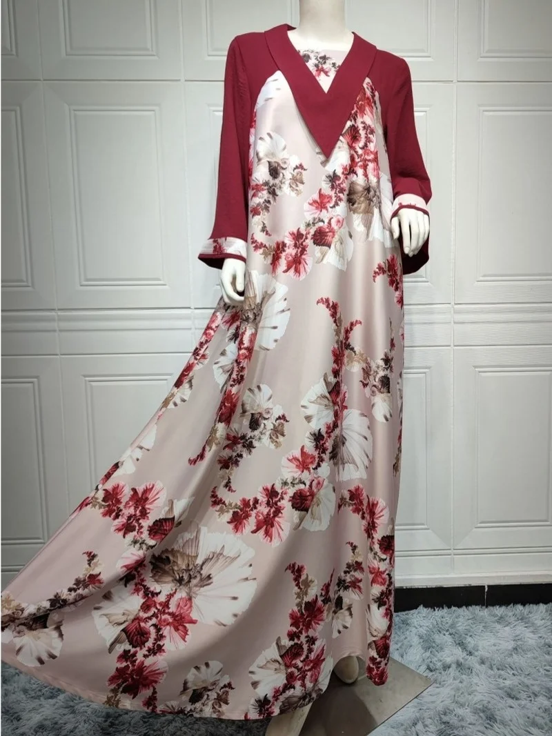 Abaya Muslim Long Dress Women Full Sleeve Islamic Clothing Robes Fashion Floral Print Splice Elegant Jalabiya Muslim Party Dress